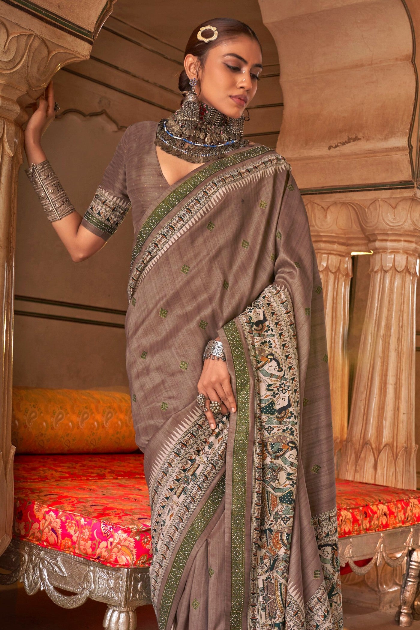 MySilkLove Mocha Brown Printed Patola Saree