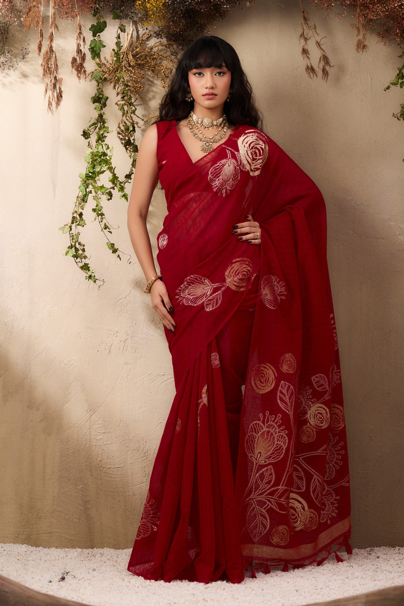 Buy MySilkLove Fire Rose Red Munga Handloom Cotton Saree Online