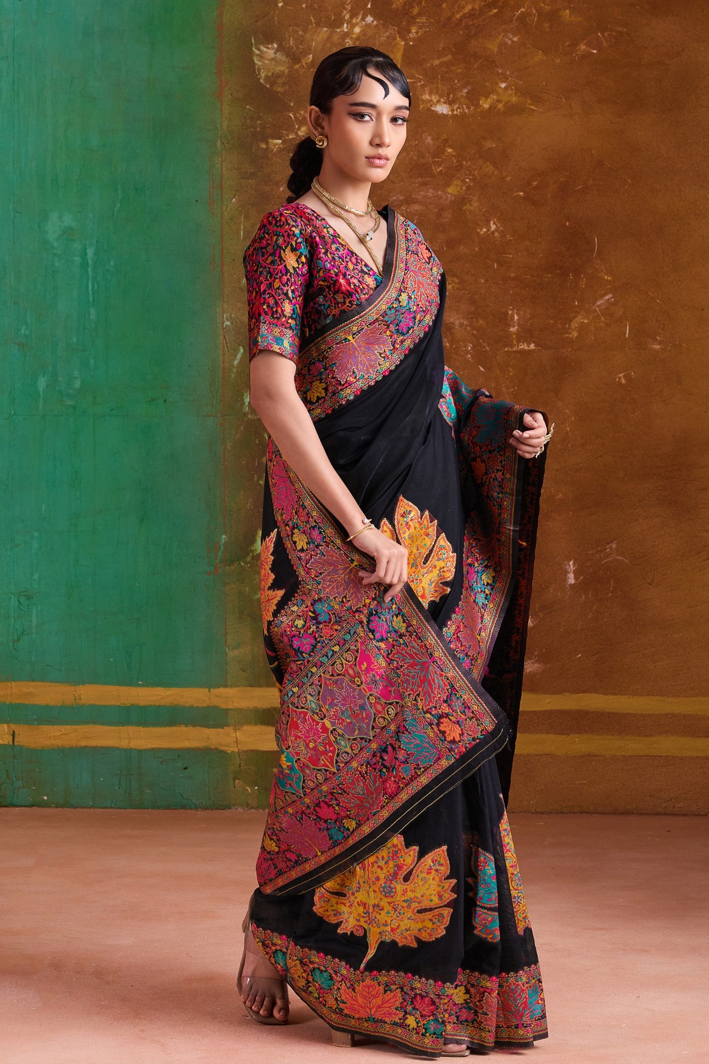 Buy MySilkLove Dusky Black Kashmiri Handloom Jamewar Saree Online