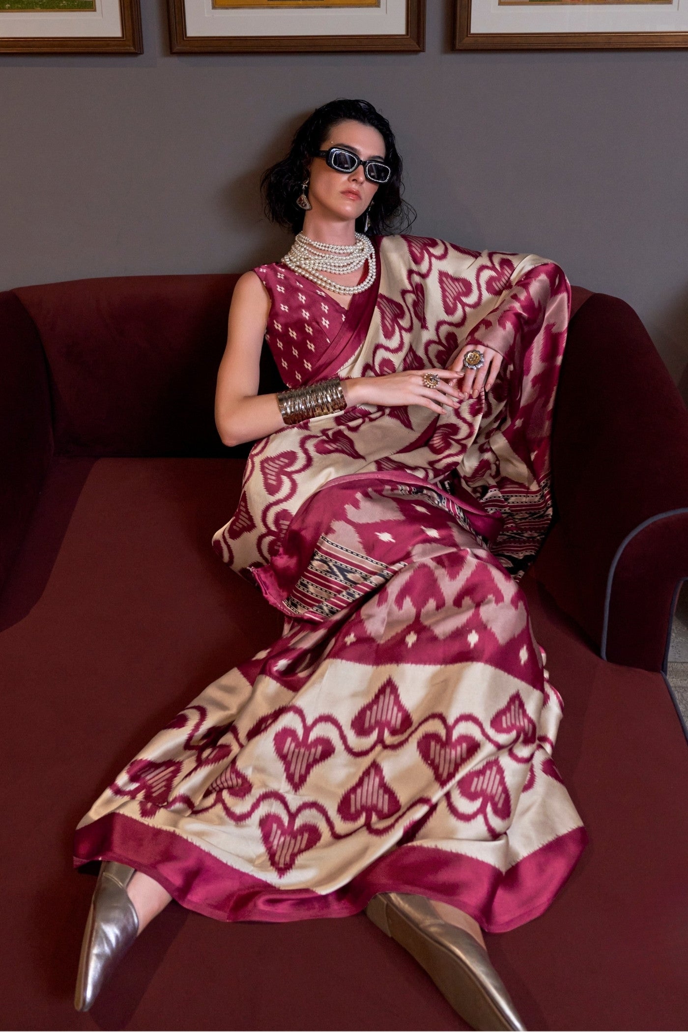 Buy MySilkLove Aesthetic Maroon Patola Printed Satin Crepe Saree Online