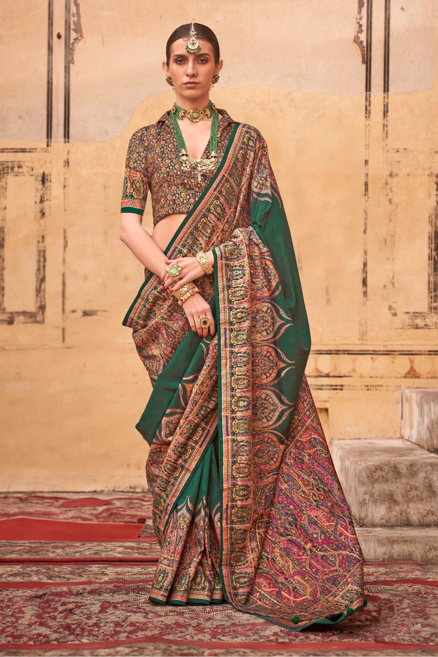 Buy MySilkLove Rifle Green Printed Jamawar Saree Online