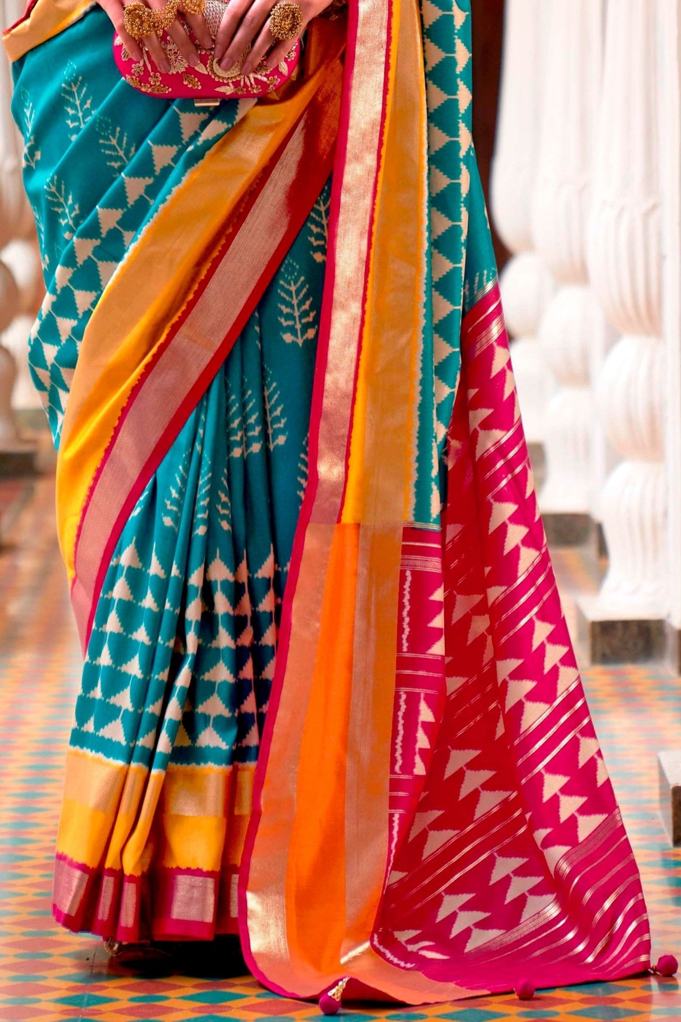 Buy MySilkLove Ice Blue Mist Printed Patola Saree Online