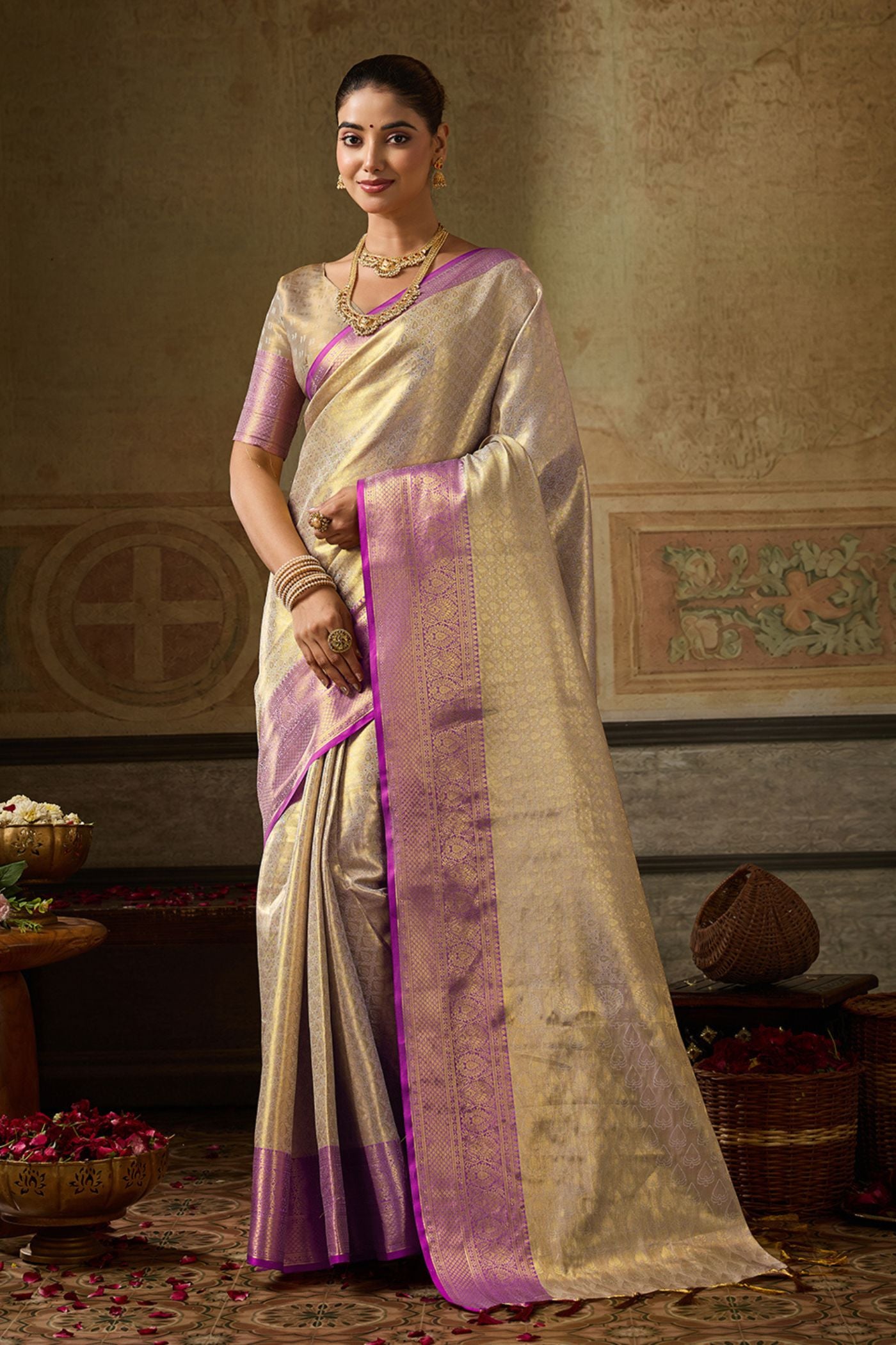 Buy MySilkLove Porcelain Cream Woven Kanjivaram Saree Online