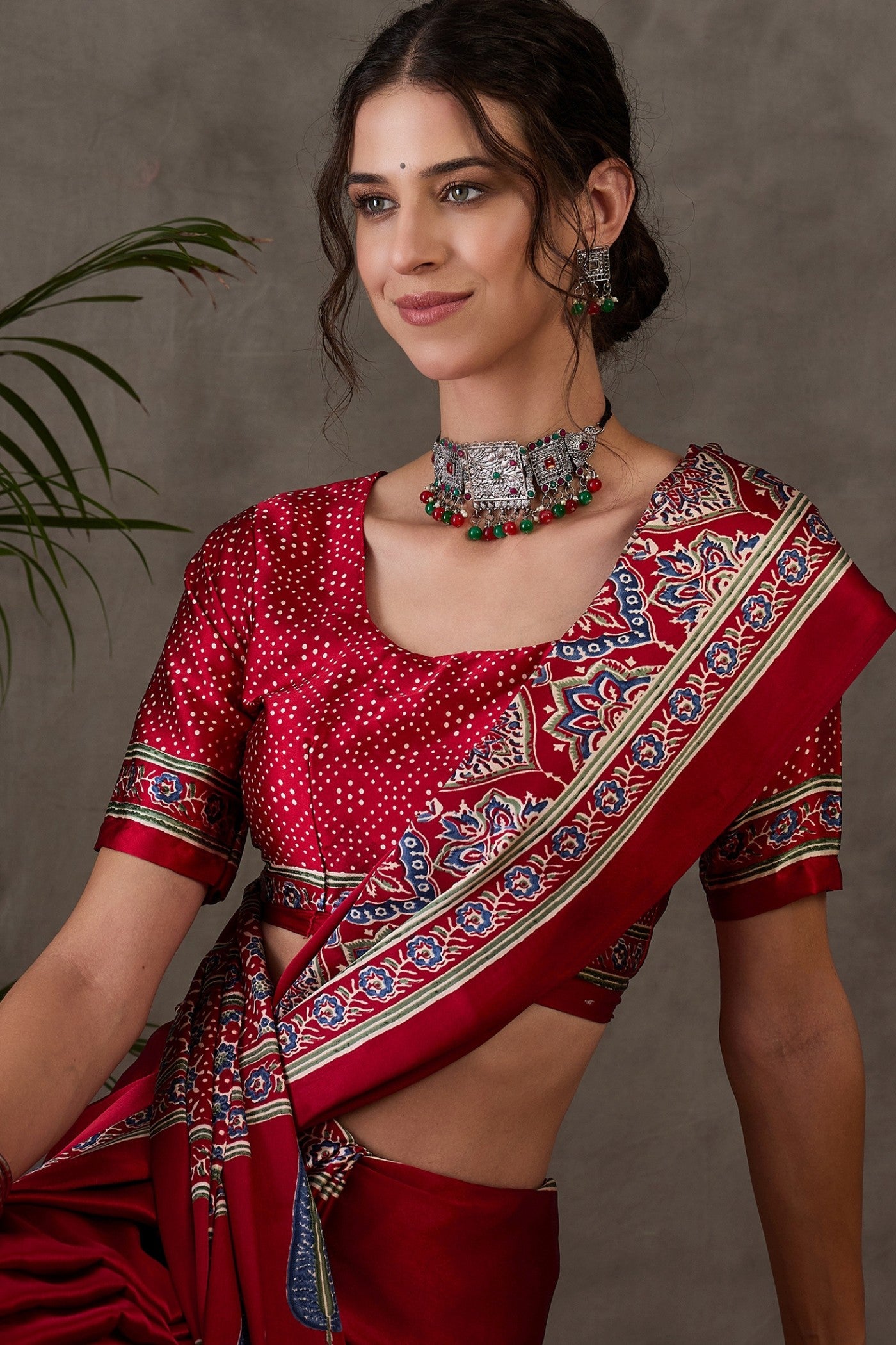 MySilkLove Mocca Maroon Printed Satin Gaji Silk Saree