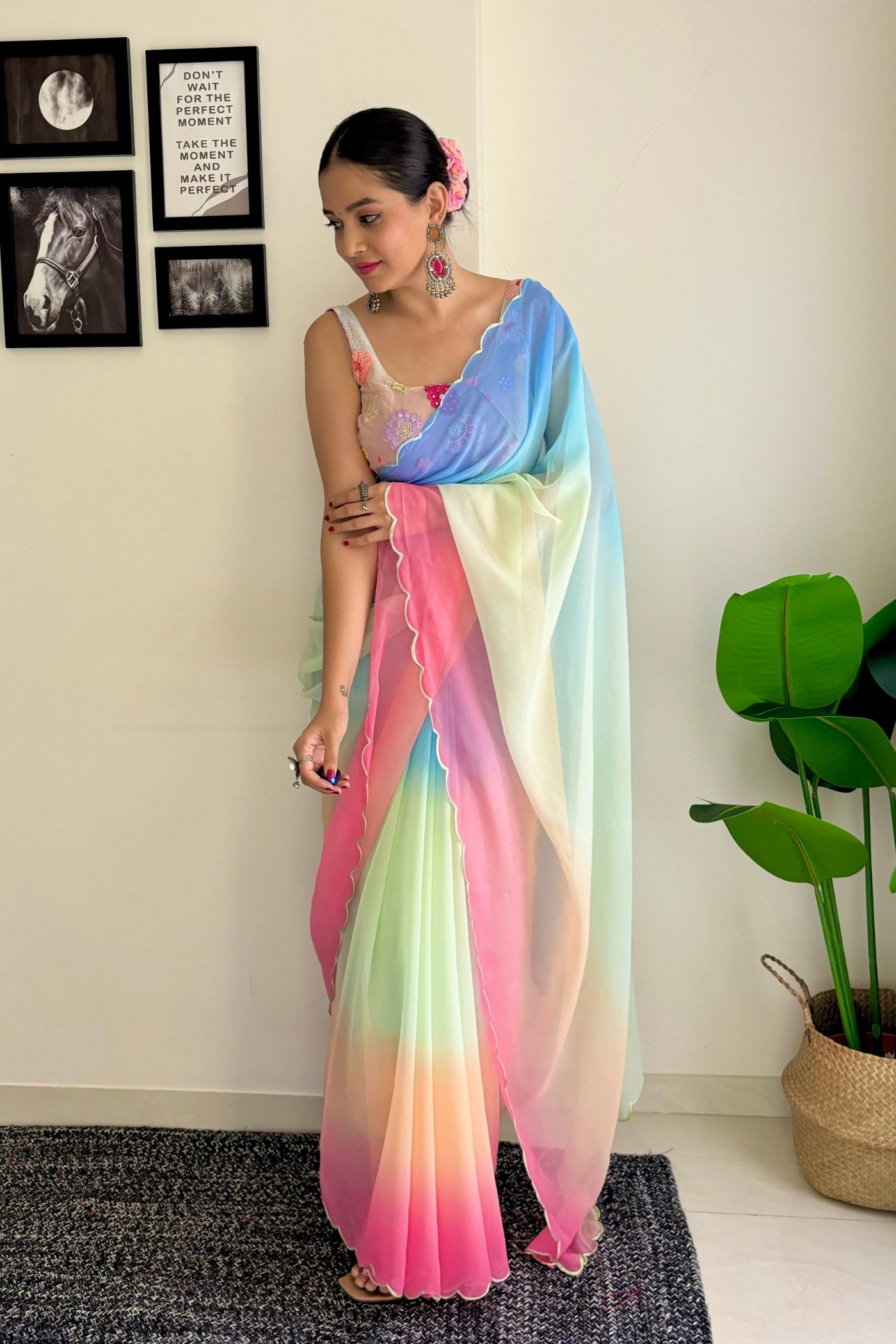 Buy MySilkLove Bloom Pink and Blue Georgette Saree Online