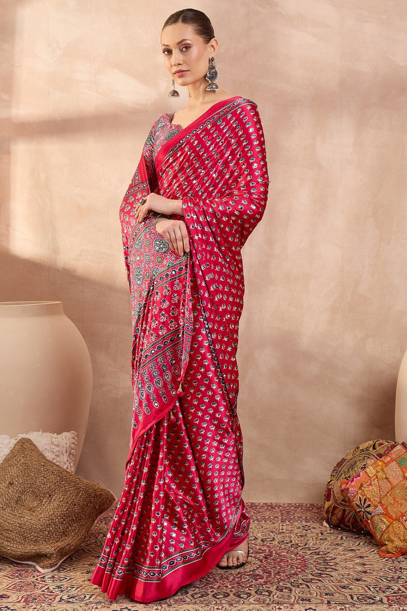 Buy MySilkLove Barn Red Modal Ajrakh Satin Printed Silk Saree Online