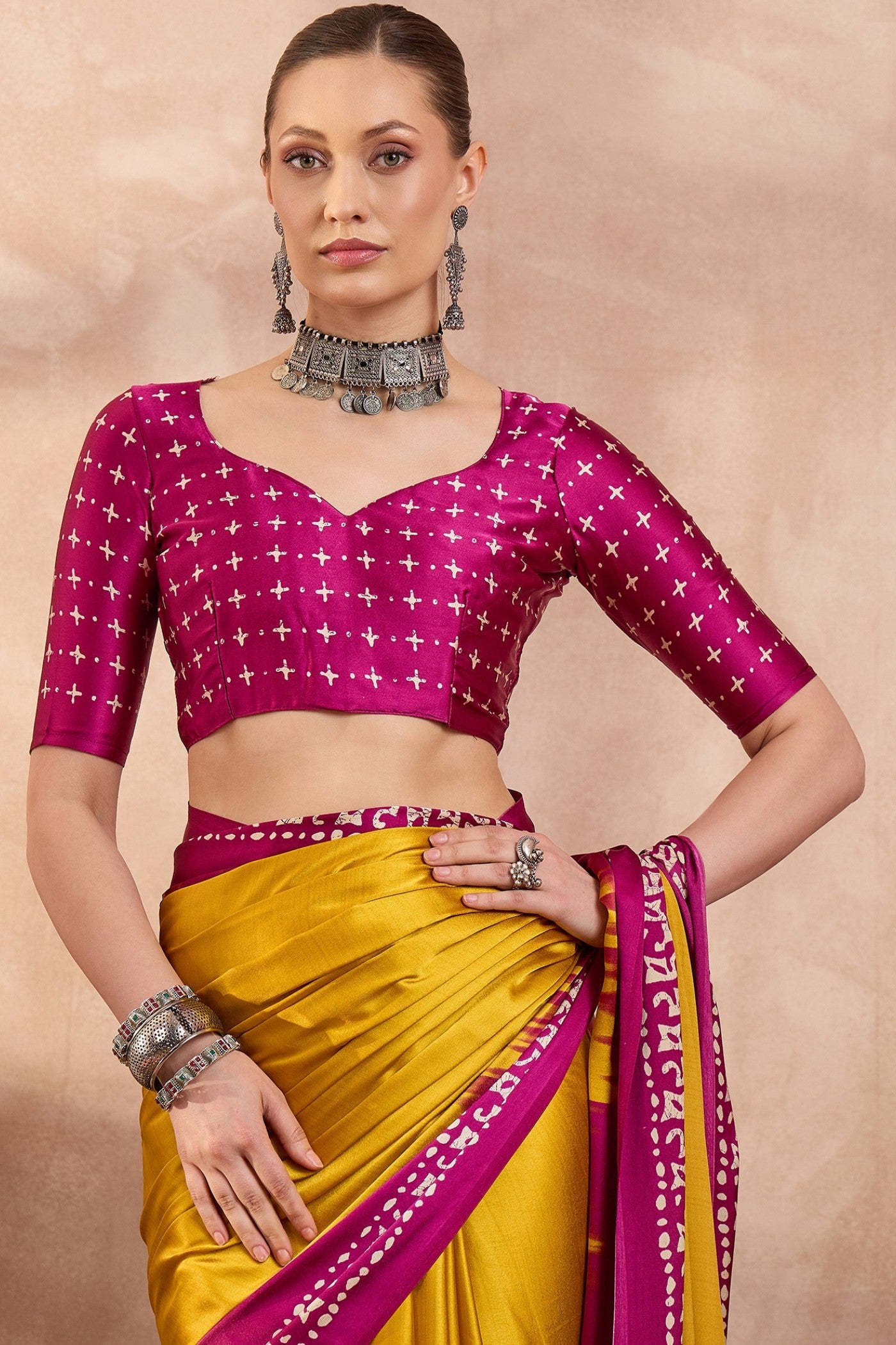 Buy MySilkLove Chartreuse Yellow Printed Satin Crepe Silk Saree Online