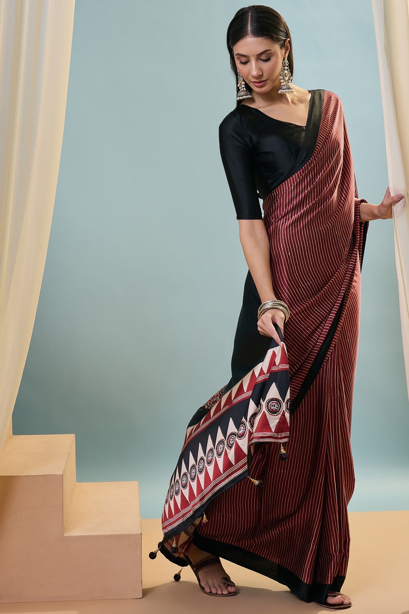 Buy MySilkLove Russet Brown Ajrakh Printed Satin Crepe Silk Saree Online