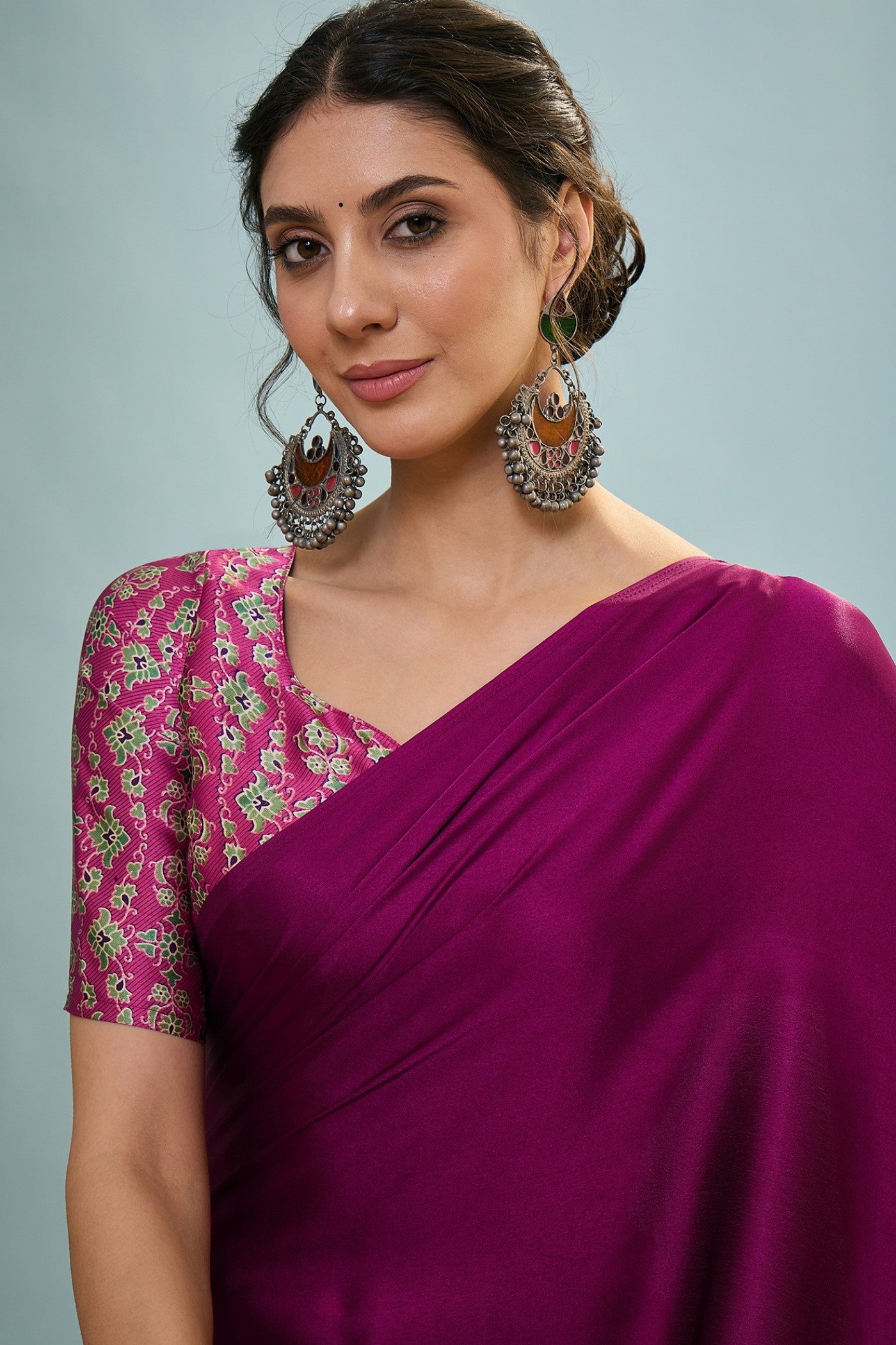 Buy MySilkLove Glassfire Purple Ajrakh Printed Satin Crepe Silk Saree Online