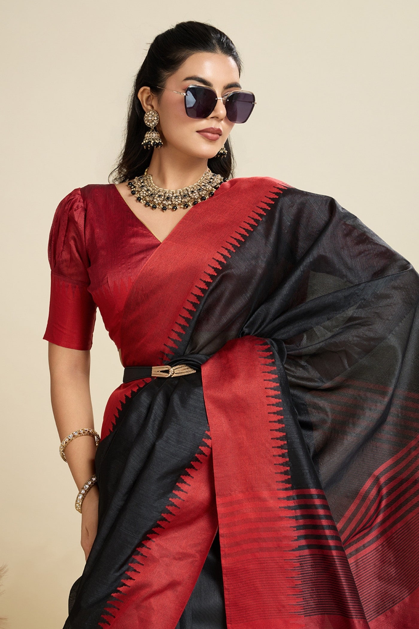 MySilkLove Matte Black Woven Raw Silk Saree