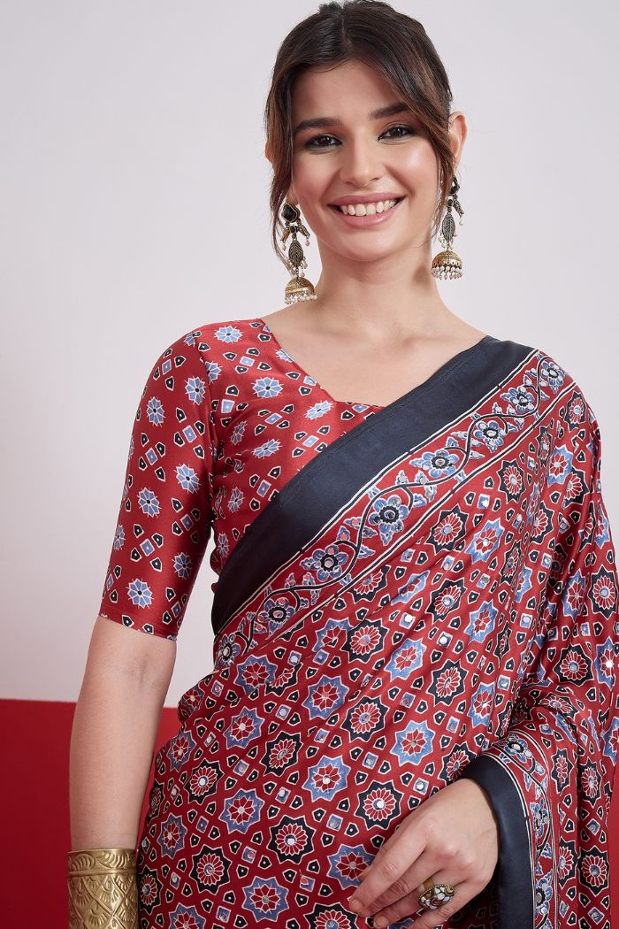 Buy MySilkLove Burgundy Maroon Modal Ajrakh Satin Printed Mirror Work Saree Online