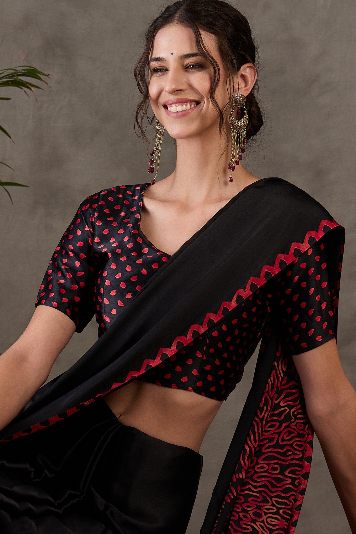 MySilkLove Coal Black Printed Satin Gaji Silk Saree