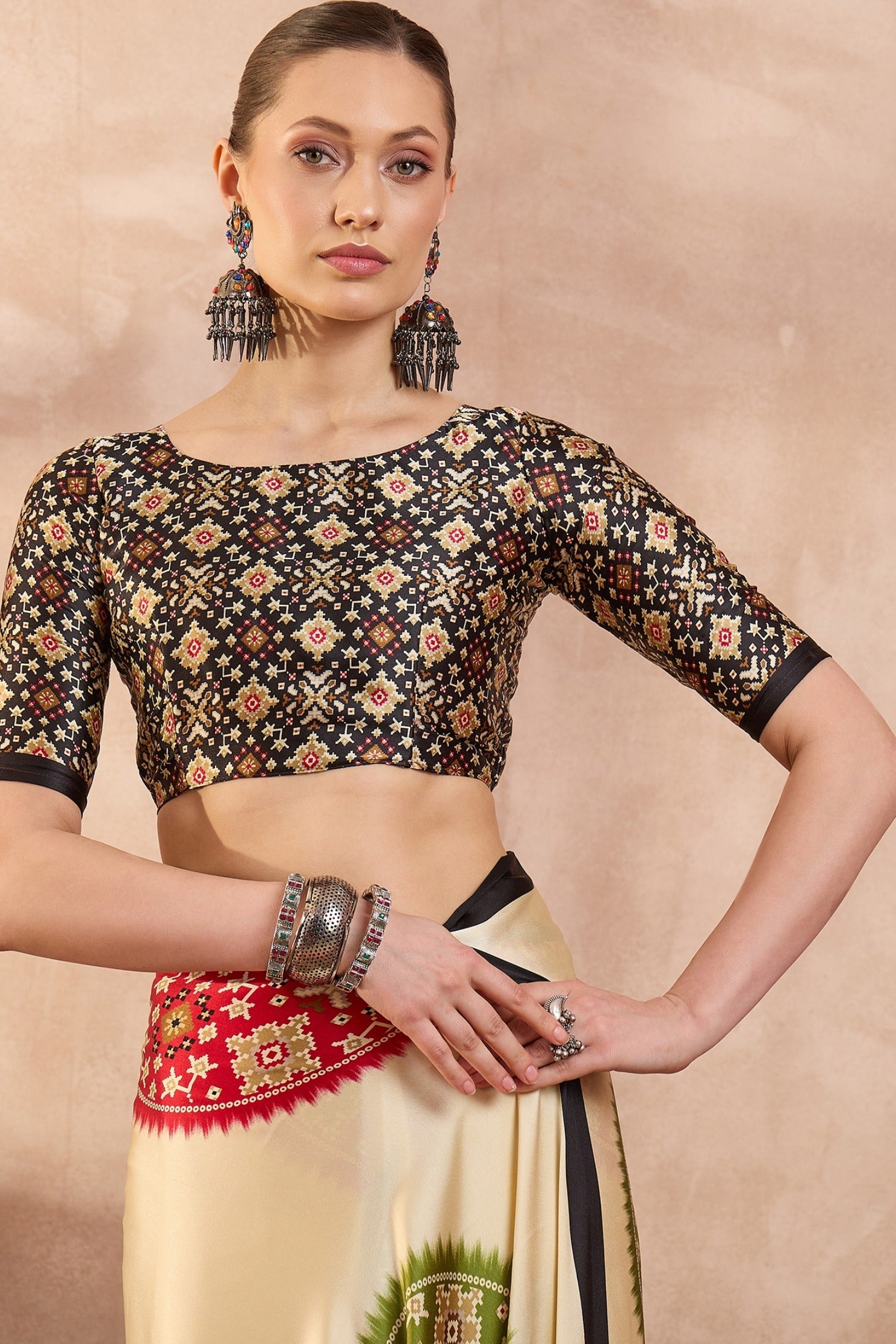 Buy MySilkLove Pastel Cream and Black Modal Ajrakh Printed Silk Saree Online