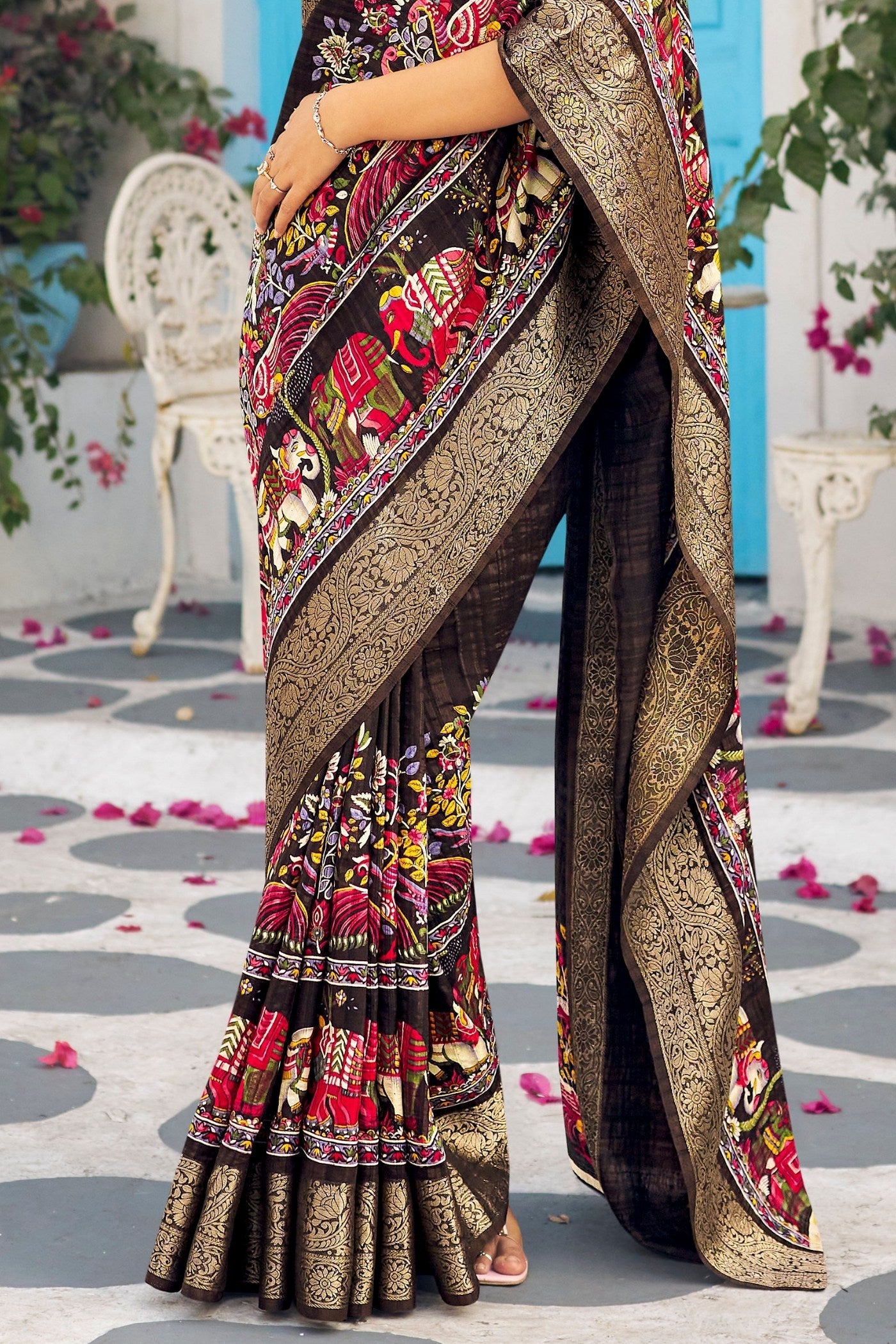 Buy MySilkLove Taupe Black Banarasi Printed Saree Online