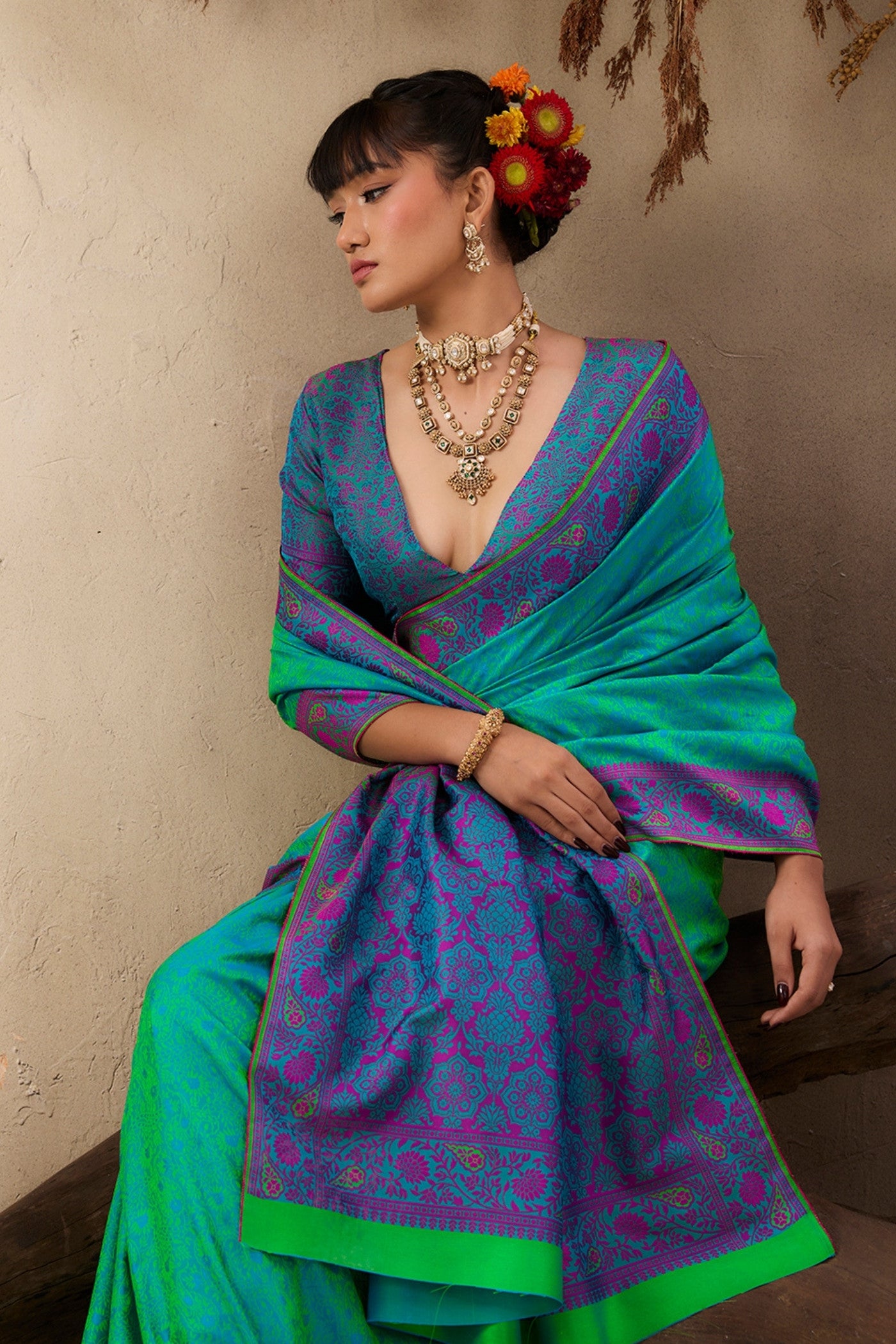 Buy MySilkLove Navy Green Woven Tanchoi Kanjivaram Saree Online