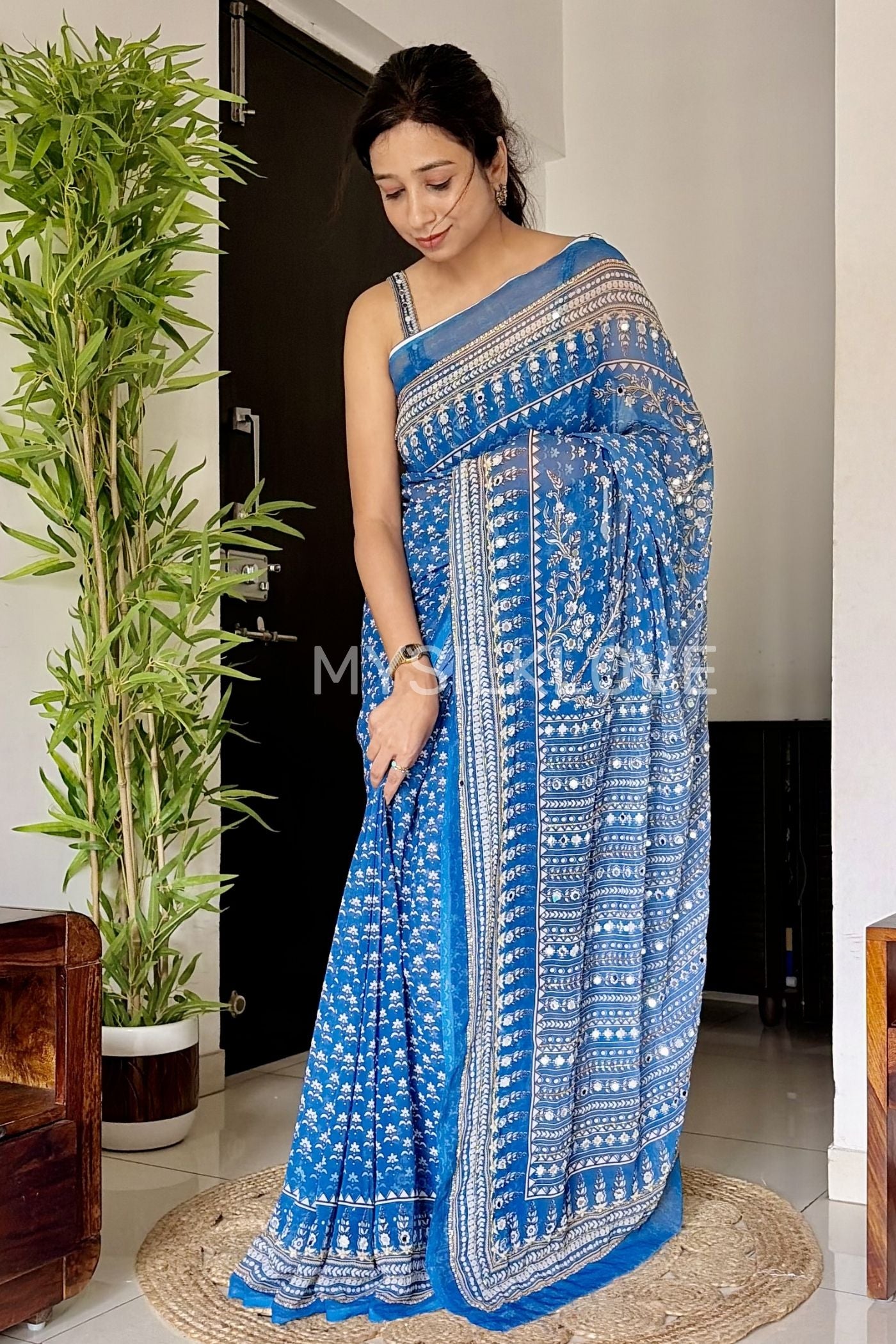 Buy MySilkLove Kareena Kapoor Inspired: Blue Ajrakh Georgette Mirror Work Saree Online