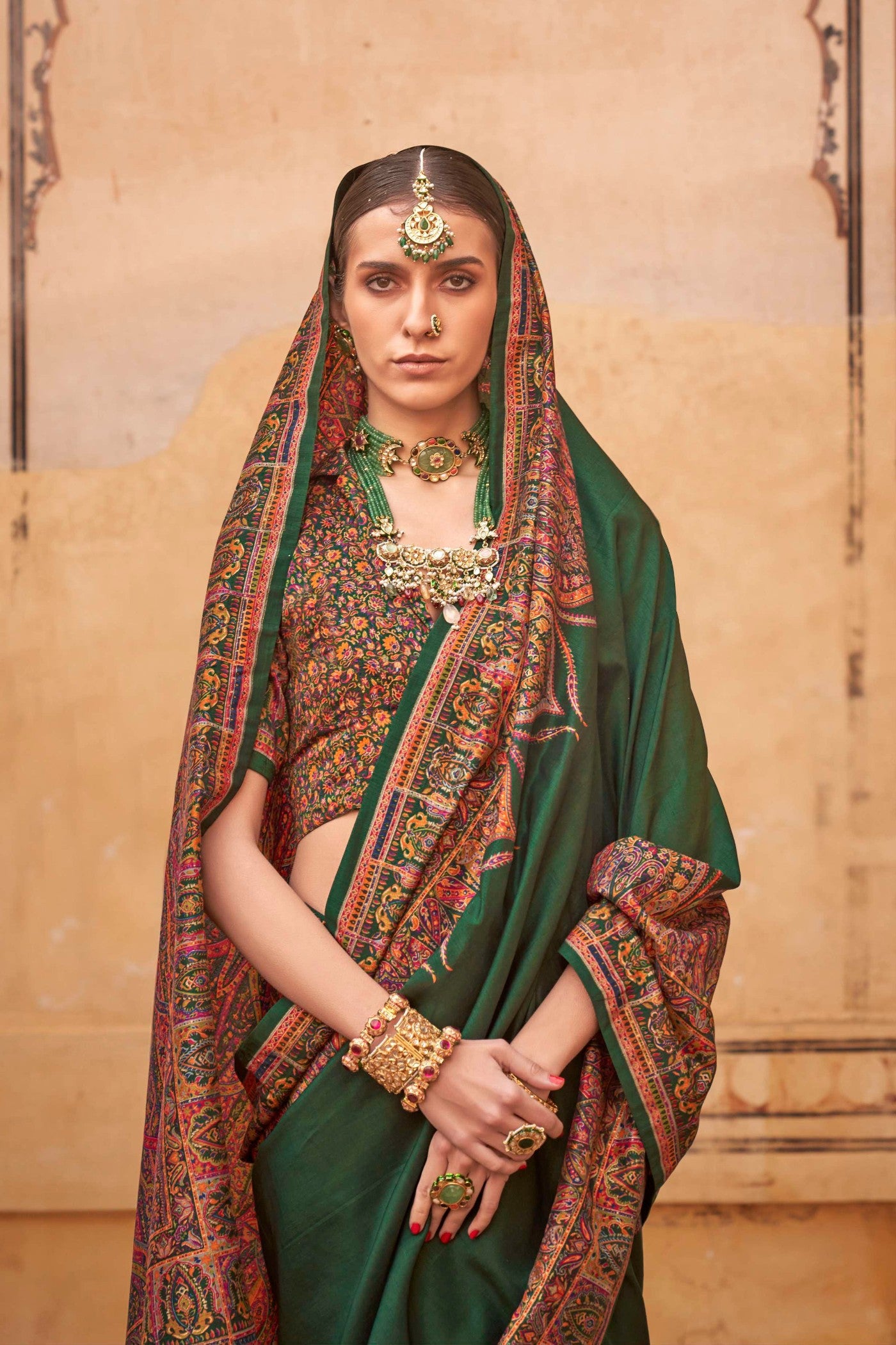 Buy MySilkLove Rifle Green Printed Jamawar Saree Online