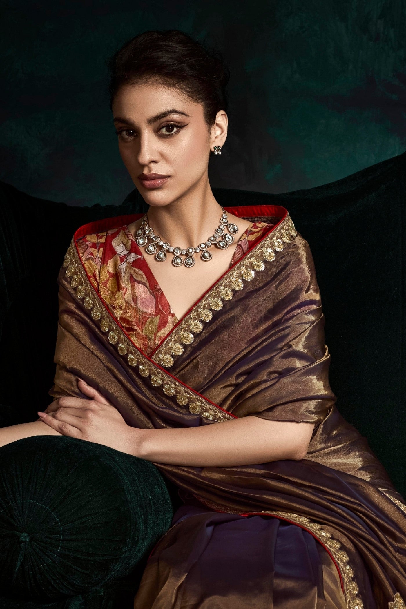 Buy MySilkLove Coffe Brown Embroidered Tissue Designer Saree Online