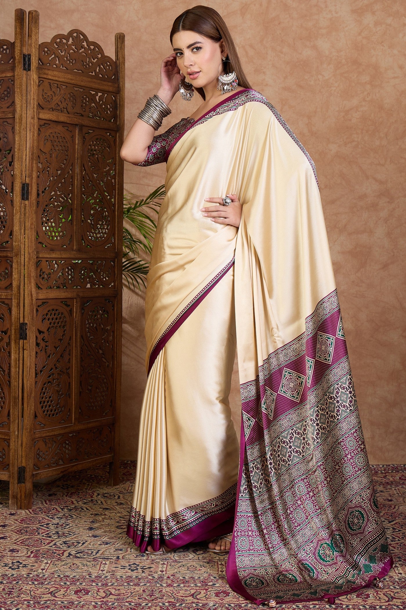 Buy MySilkLove Alabaster Cream and Purple Ajrakh Printed Satin Crepe Silk Saree Online