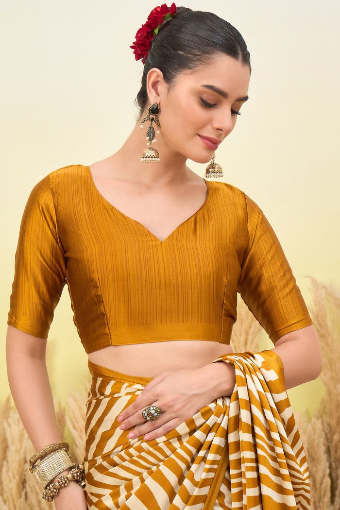 Buy MySilkLove Mustard Yellow Modal Ajrakh Satin Printed Silk Saree Online