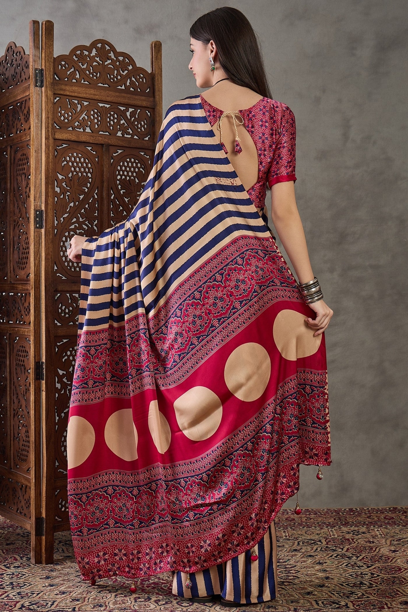 Buy MySilkLove Sapphire Blue Stripe Ajrakh Printed Satin Gaji Silk Saree Online