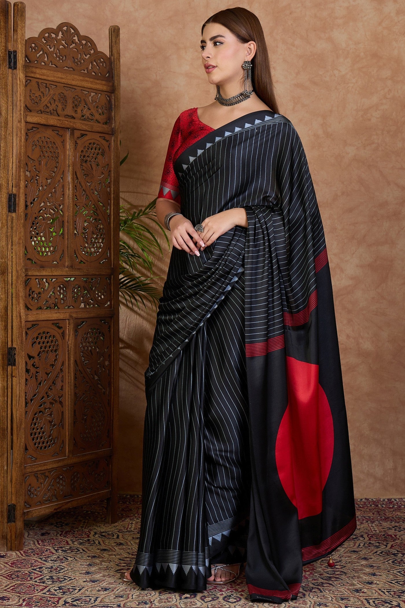 Buy MySilkLove Pitch Black and Red Stripe Ajrakh Printed Satin Crepe Silk Saree Online