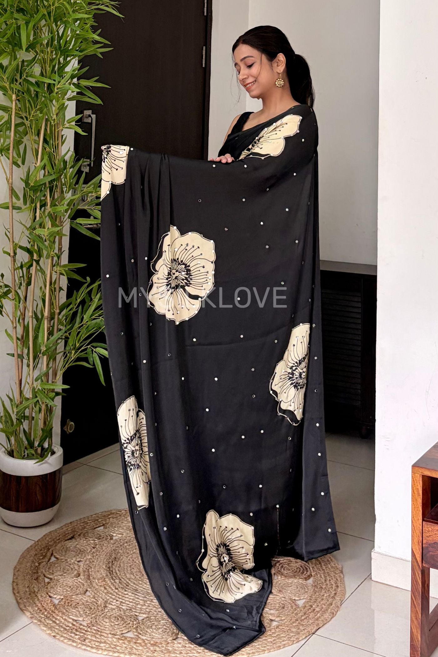 Buy MySilkLove Dusk Black Satin Floral Printed Mirror Work Silk Saree Online