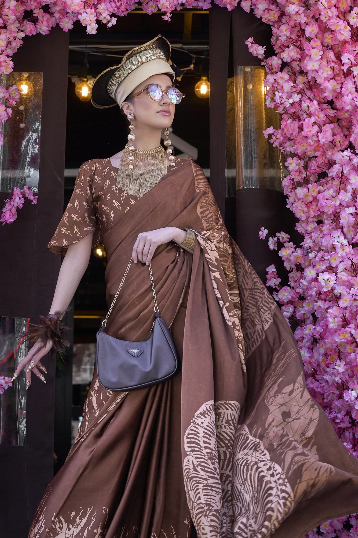 Buy MySilkLove Coco Brown Printed Satin Crepe Silk Saree Online