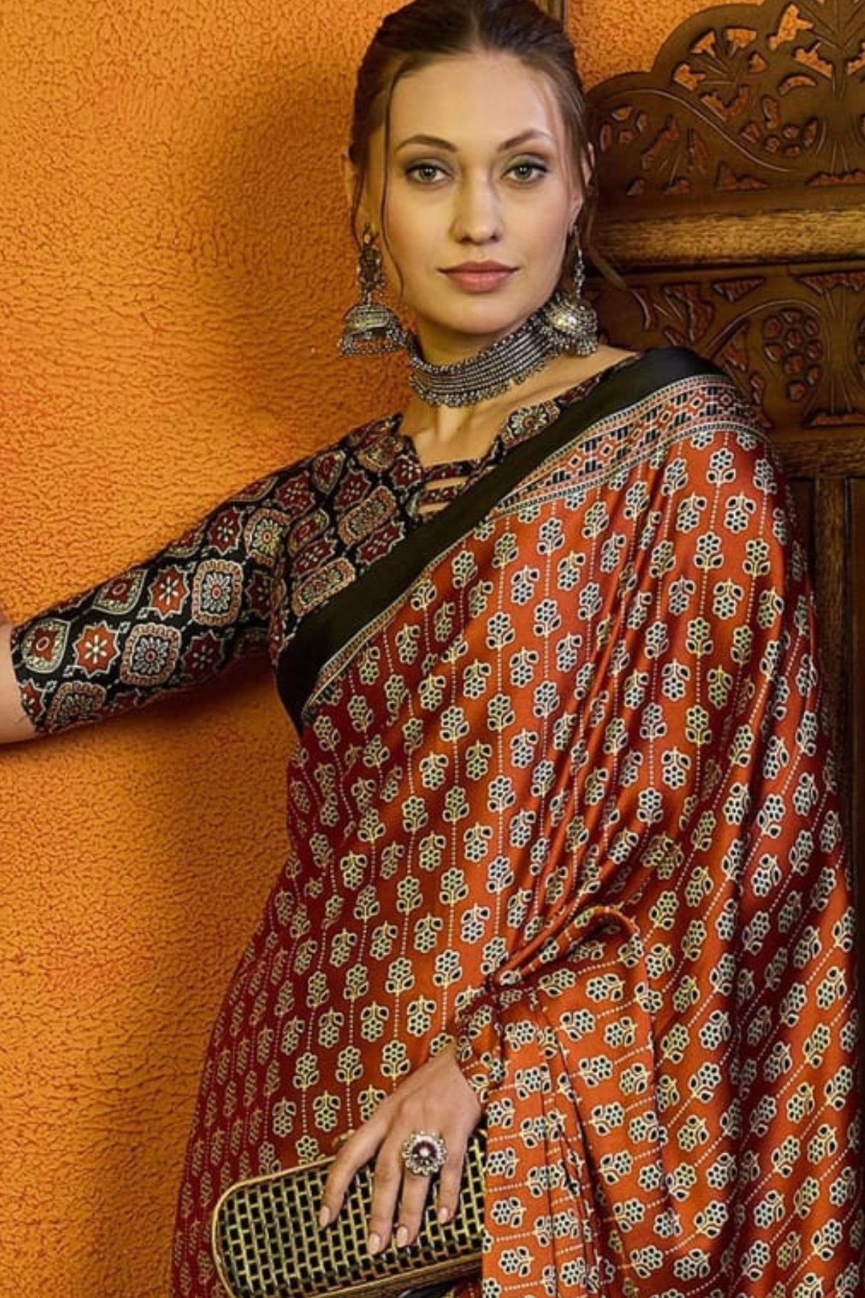 Buy MySilkLove Sepia Skin Brown Printed Ajrakh Satin Crepe Saree Online