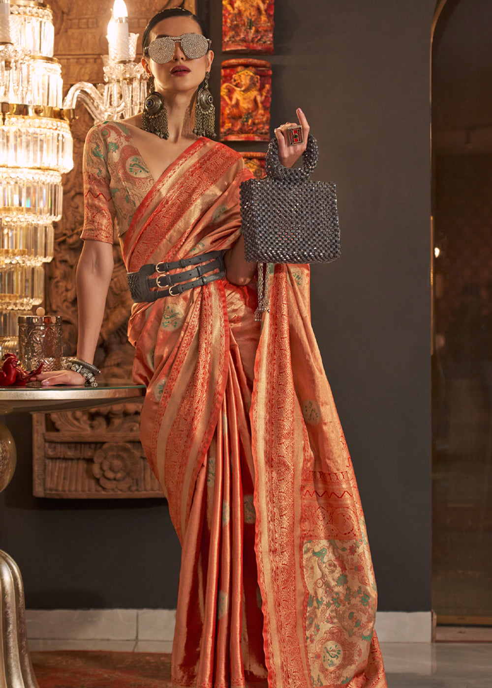 Buy MySilkLove Cognac Peach Dual Tone Banarasi Silk Saree Online