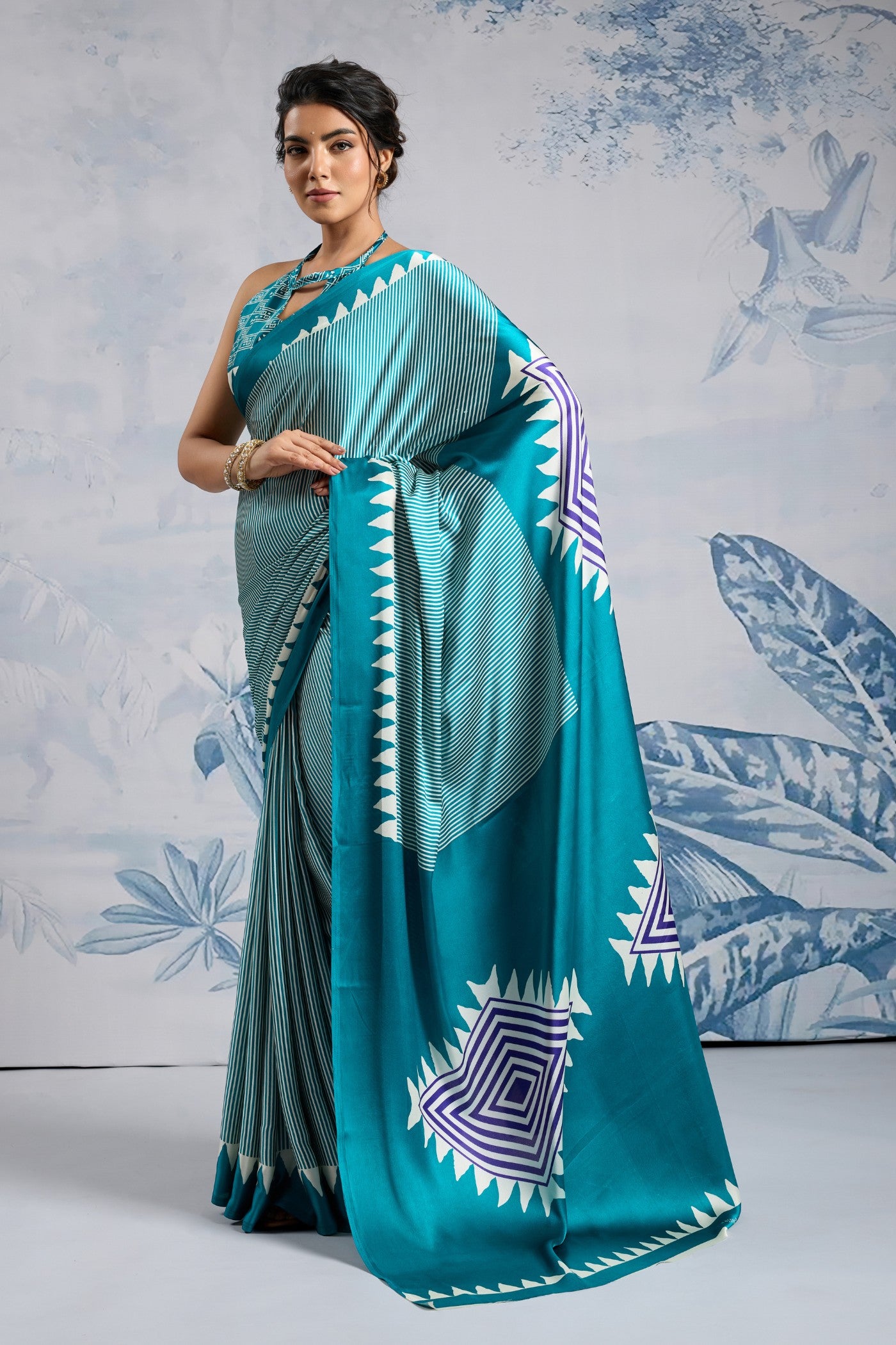 Buy MySilkLove Isla Blue Stripe Ajrakh Printed Satin Crepe Silk Saree Online