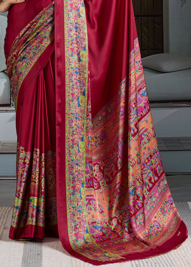 Buy MySilkLove Claret Red Printed Satin Crepe Silk Saree Online