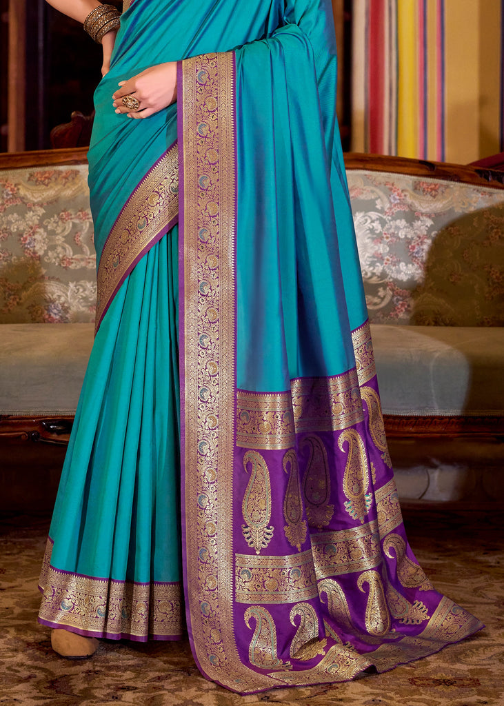Buy MySilkLove Cyan Blue Woven Banarasi Soft Silk Saree Online