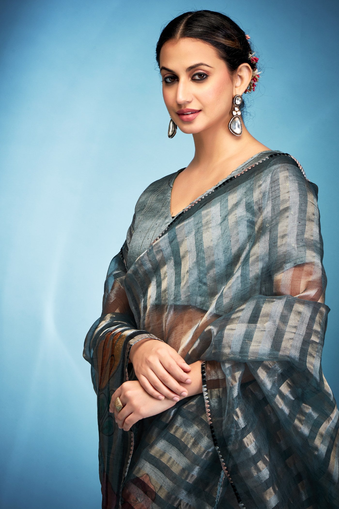 Buy MySilkLove Cloudy Grey Printed Tissue Saree Online