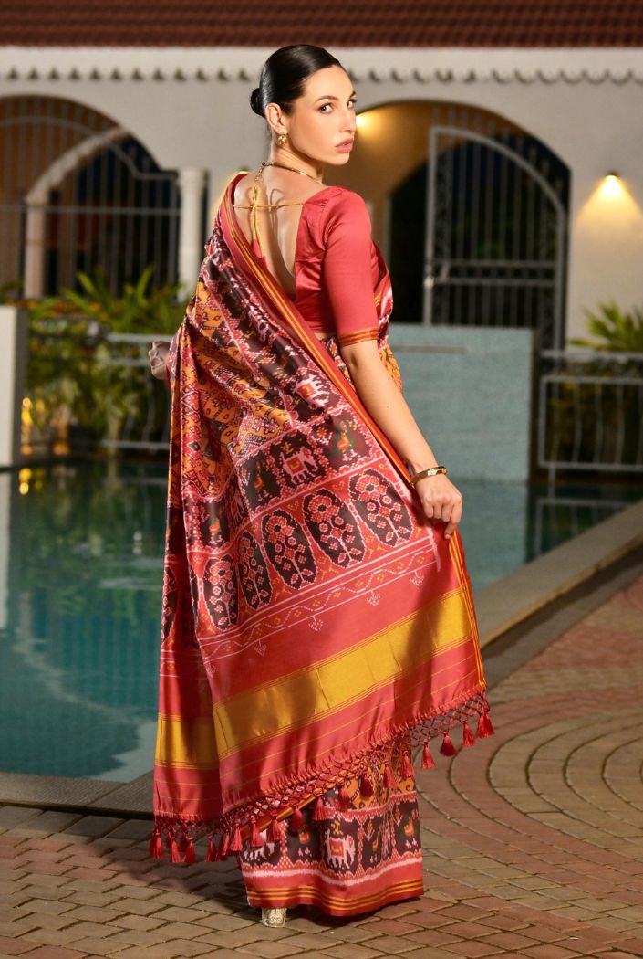 Buy MySilkLove Neon Orange Printed Patola Soft Silk Saree Online