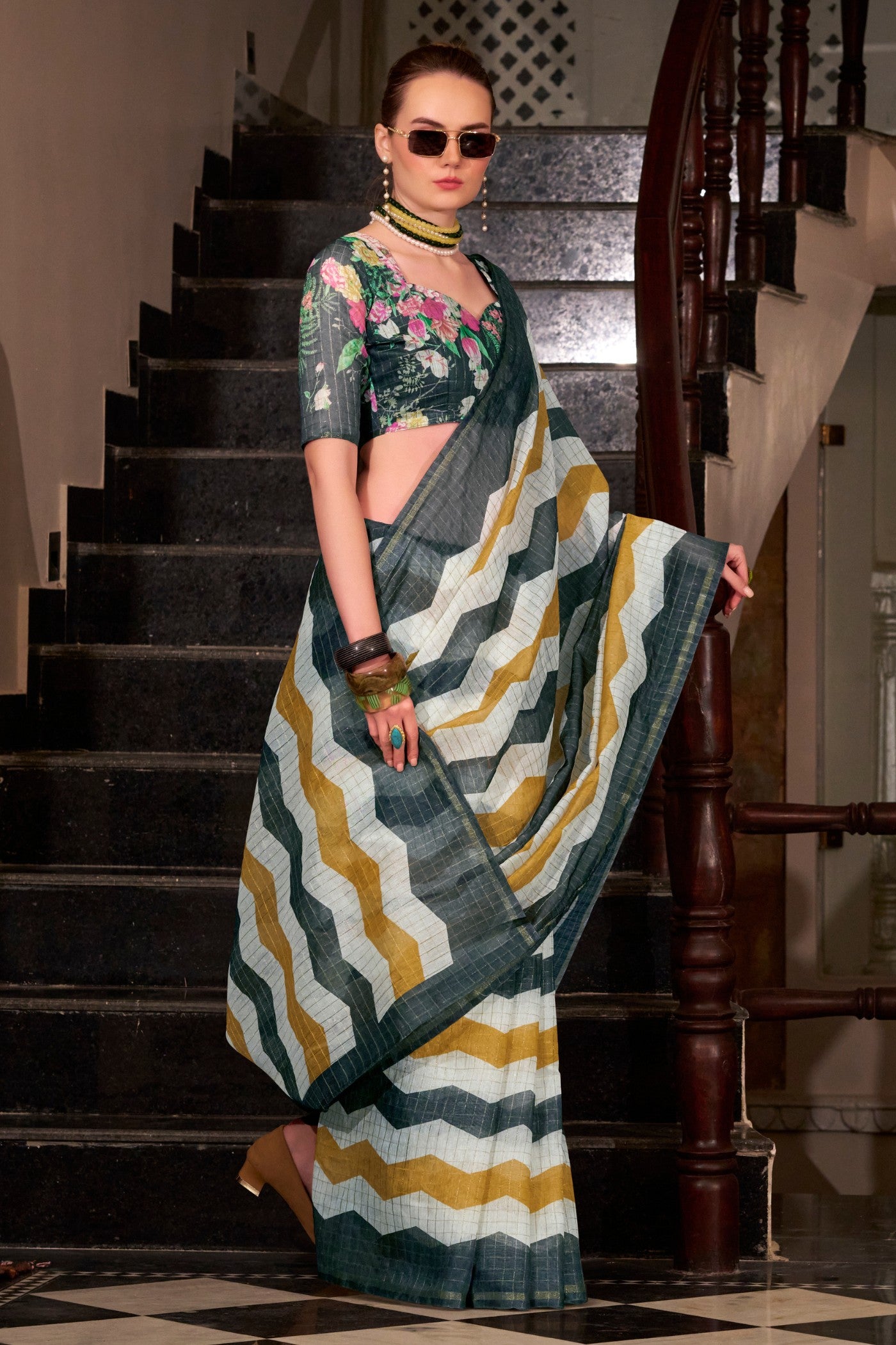 Buy MySilkLove Locust Green and Yellow Woven Linen Saree Online