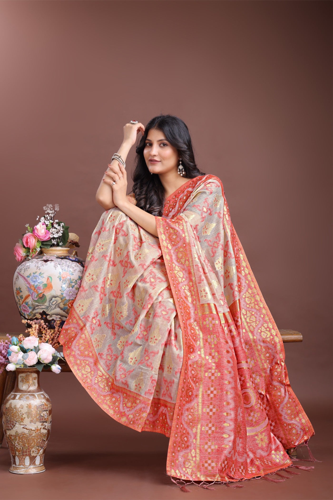 Buy MySilkLove Coral Peach Linen Cotton Saree Online