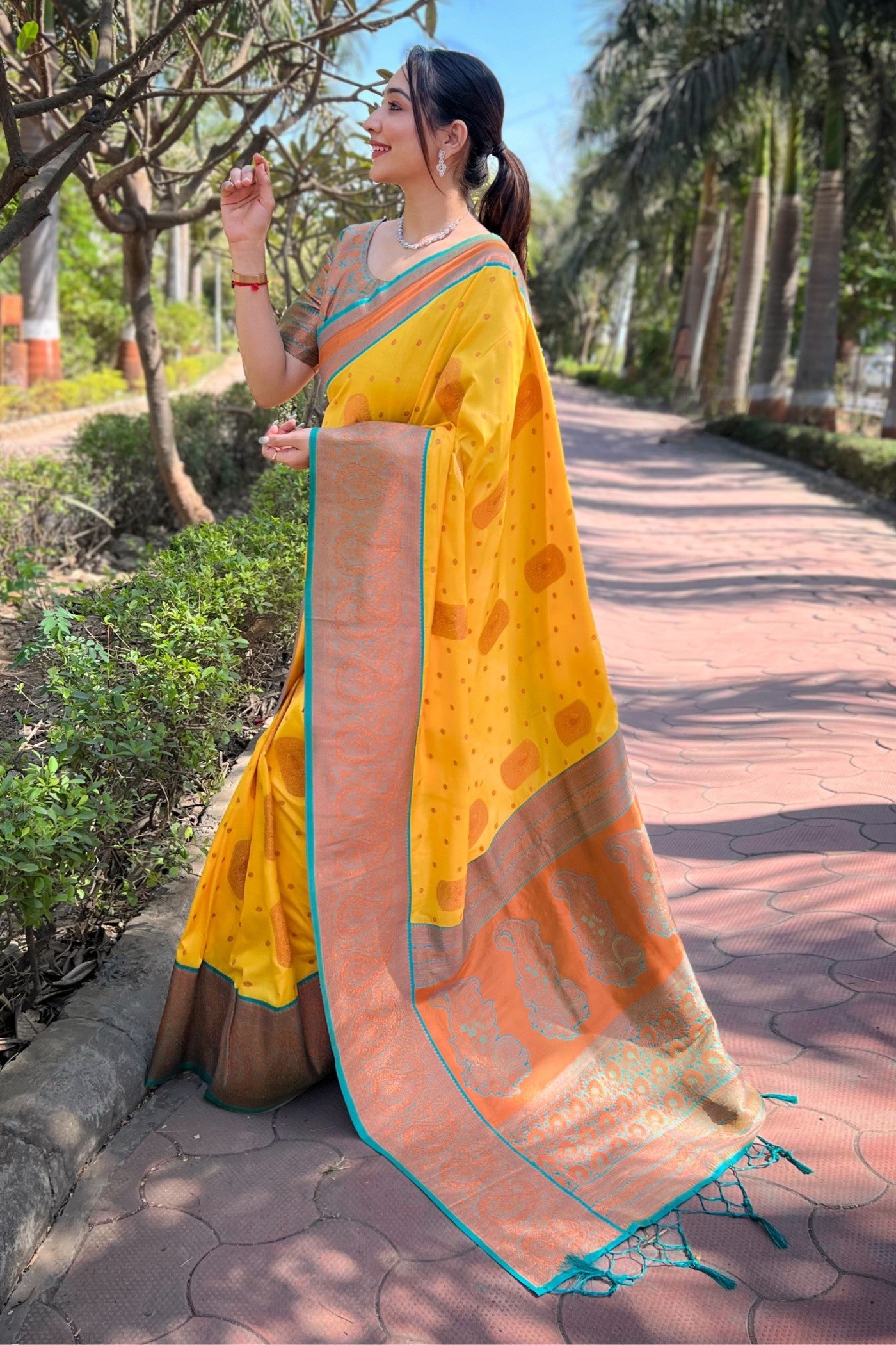 Buy MySilkLove Fuel Yellow Zari Woven Banarasi Saree Online