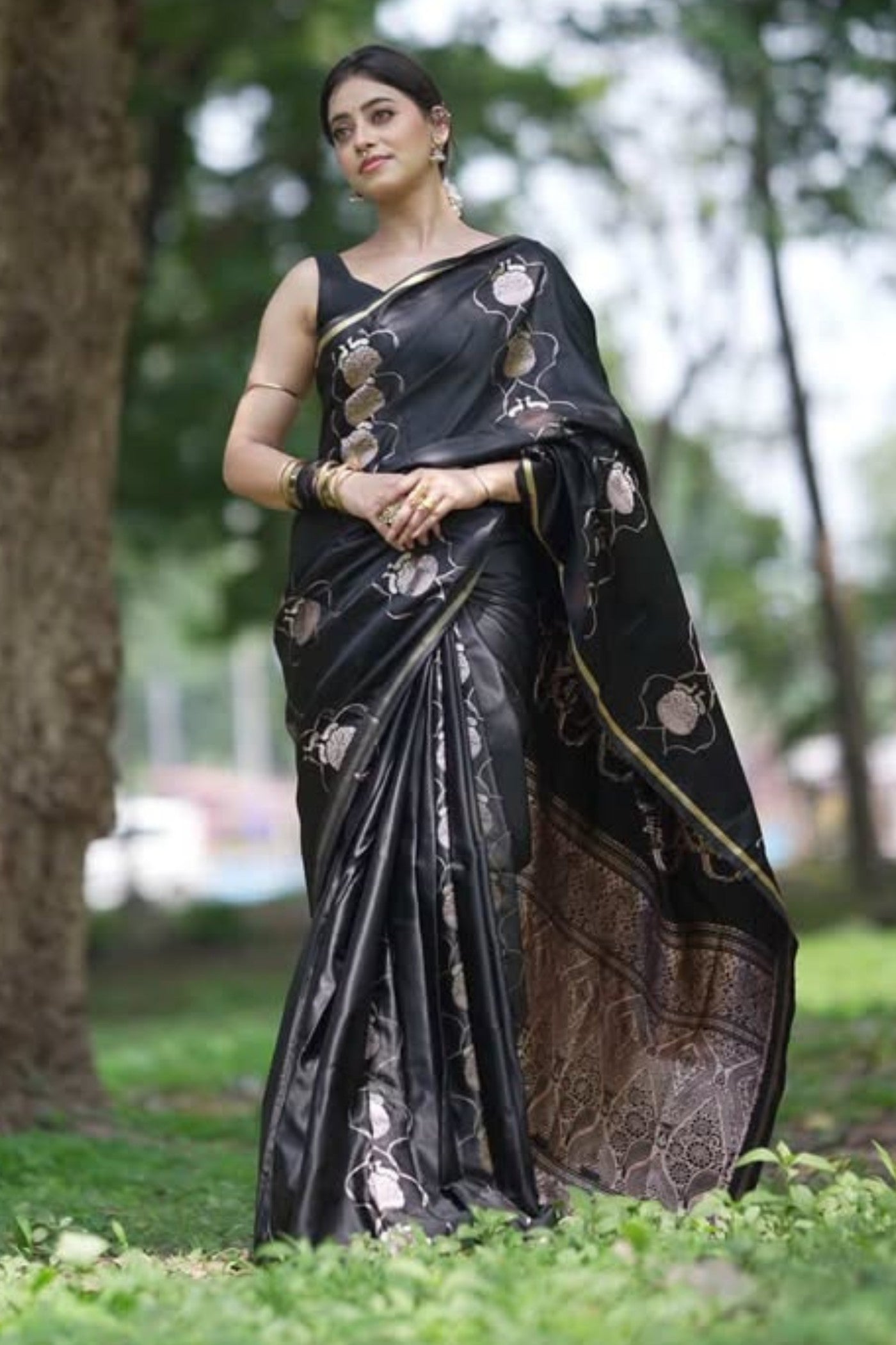 MySilkLove Ink Black Handloom Satin Silk Saree