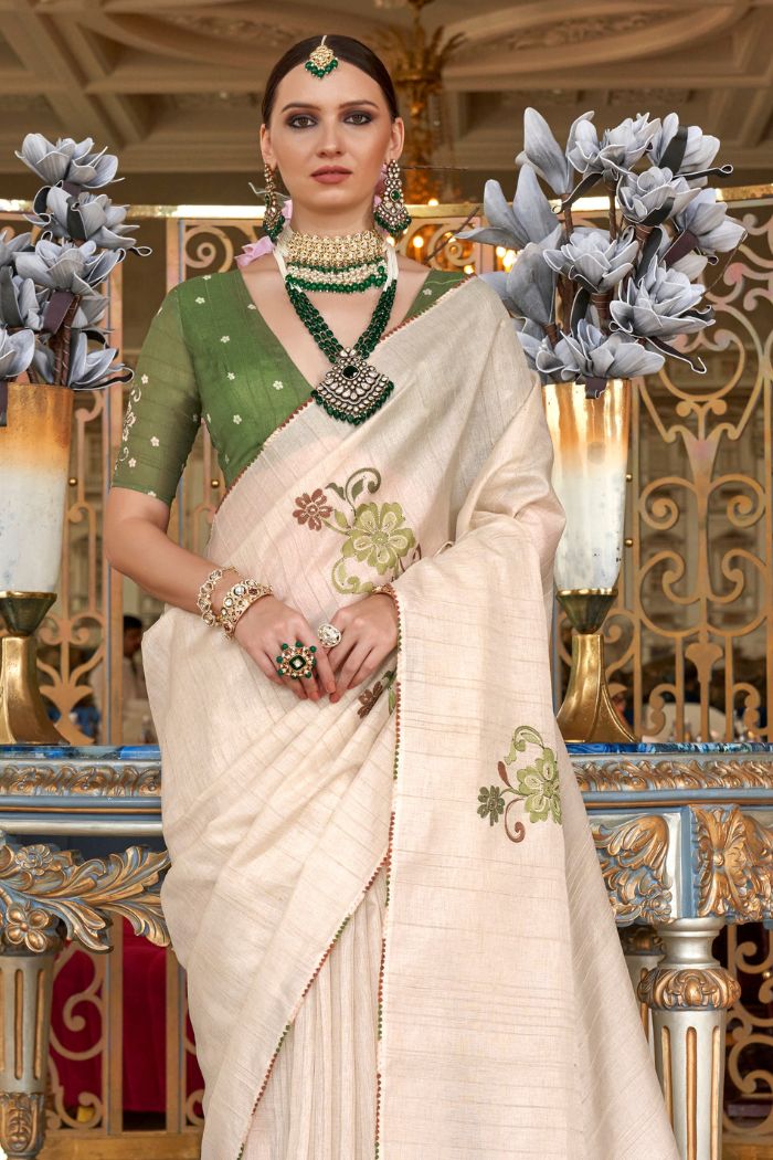 Buy MySilkLove Bone Cream and Green Woven Tussar Floral Silk Saree Online