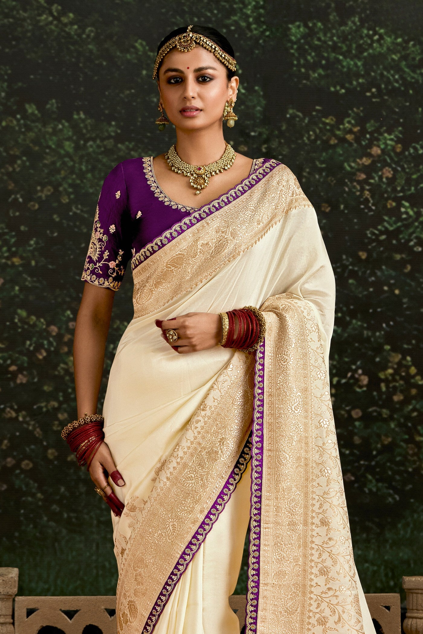 Buy MySilkLove Alabaster Cream Designer Banarasi Saree Online