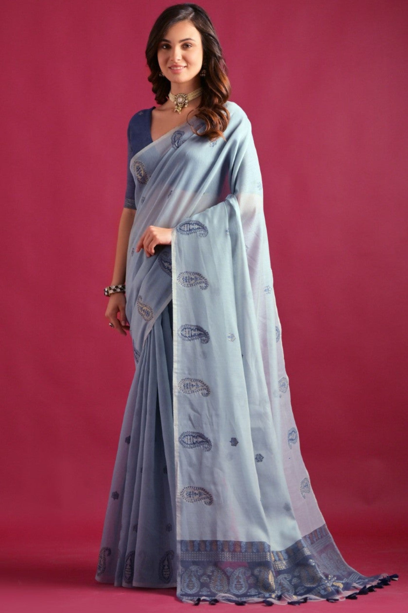 Buy MySilkLove Sky Blue Woven Mul Cotton Saree Online