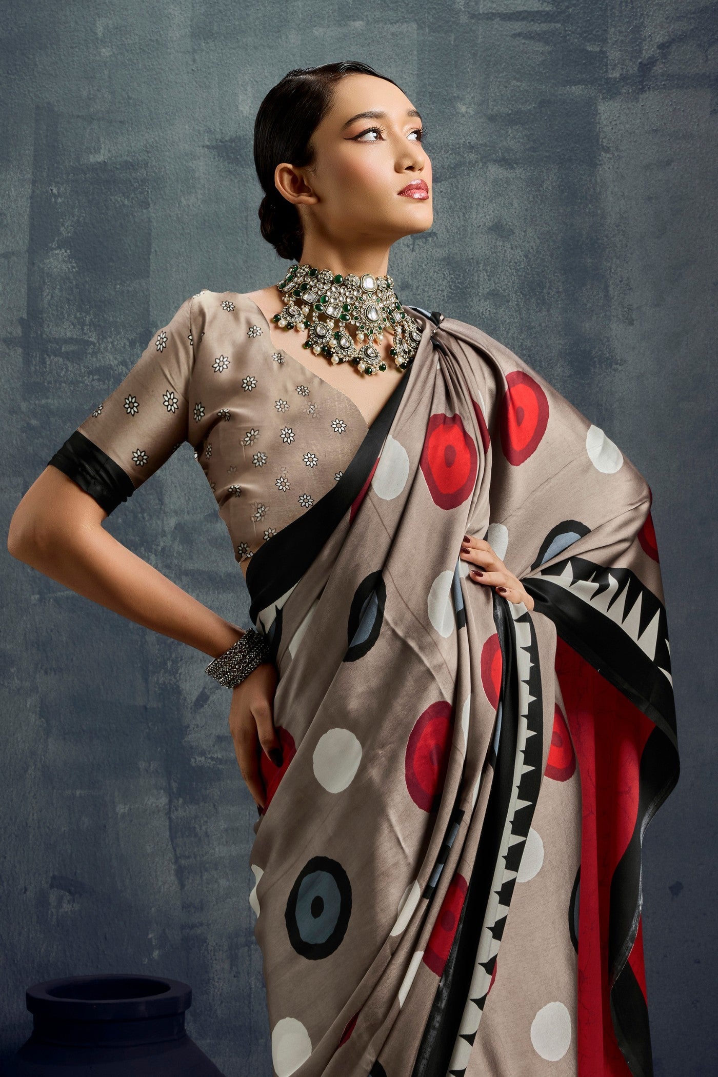 Buy MySilkLove Fossil Grey Ajrakh Printed Satin Crepe Silk Saree Online