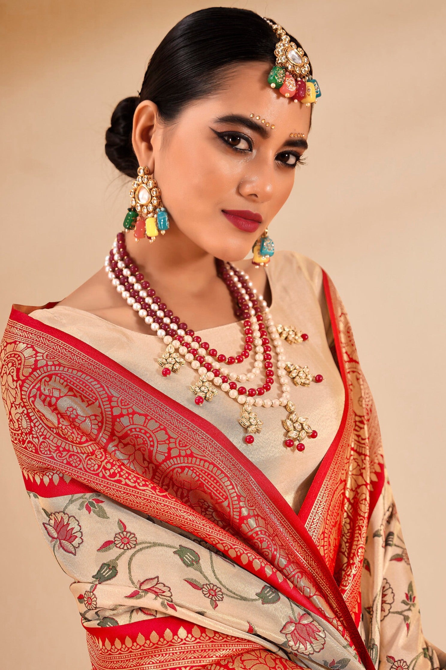 Buy MySilkLove Pancho Cream and Red Zari Woven Banarasi Saree Online