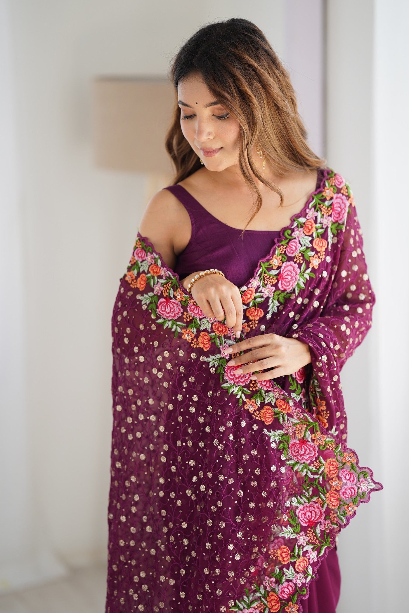 Buy MySilkLove Wine Purple Embroidered Georgette Saree Online