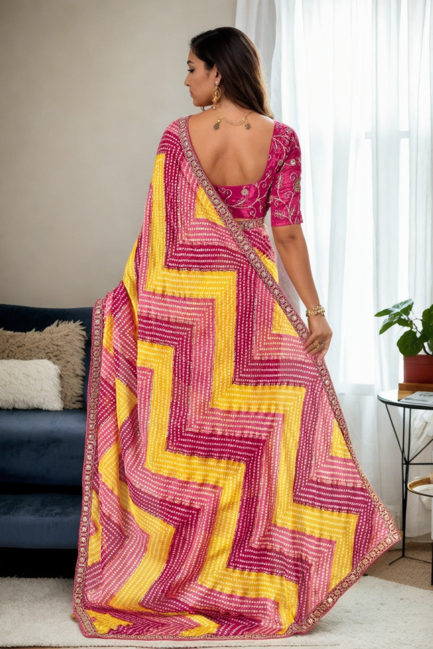 Buy MySilkLove Zest Yellow and Pink Bandhani Digital Printed Silk Saree Online