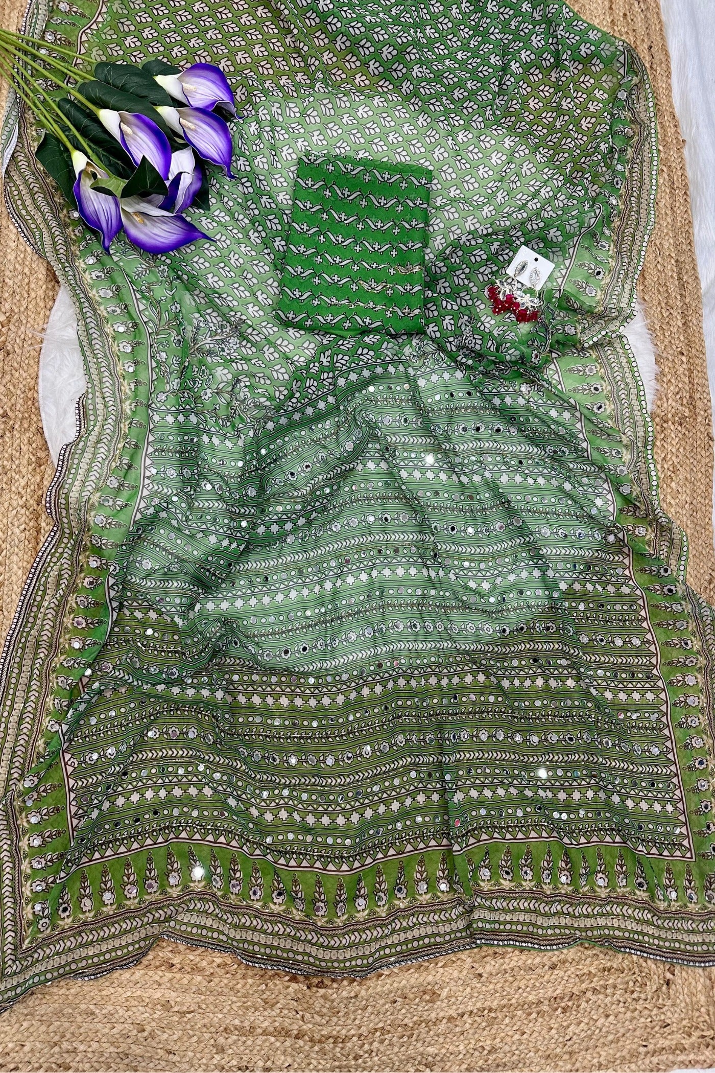 Buy MySilkLove Calypso Blue Ajrakh Georgette Printed Mirror Work Saree Online