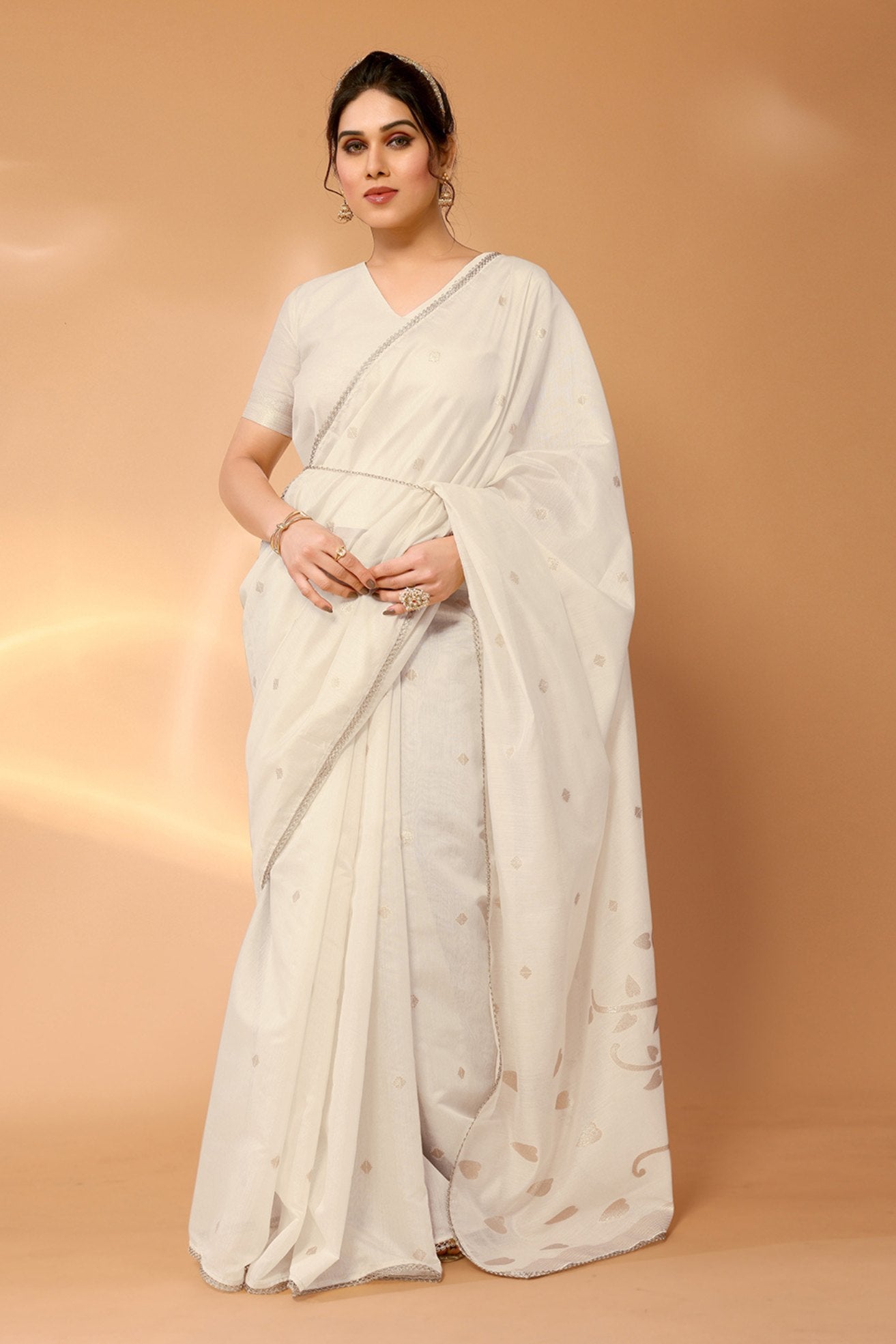 Buy MySilkLove Bone White Woven Chanderi Cotton Saree Online