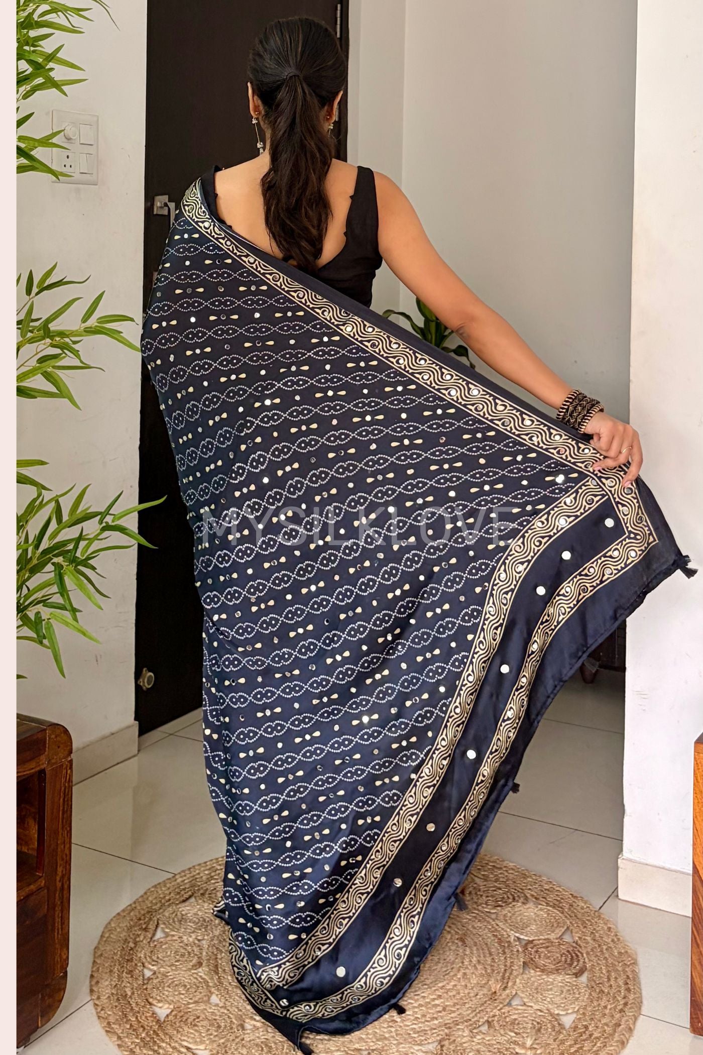 Buy MySilkLove Obsidian Black and Blue Ajrakh Satin Printed Mirror Work Saree Online