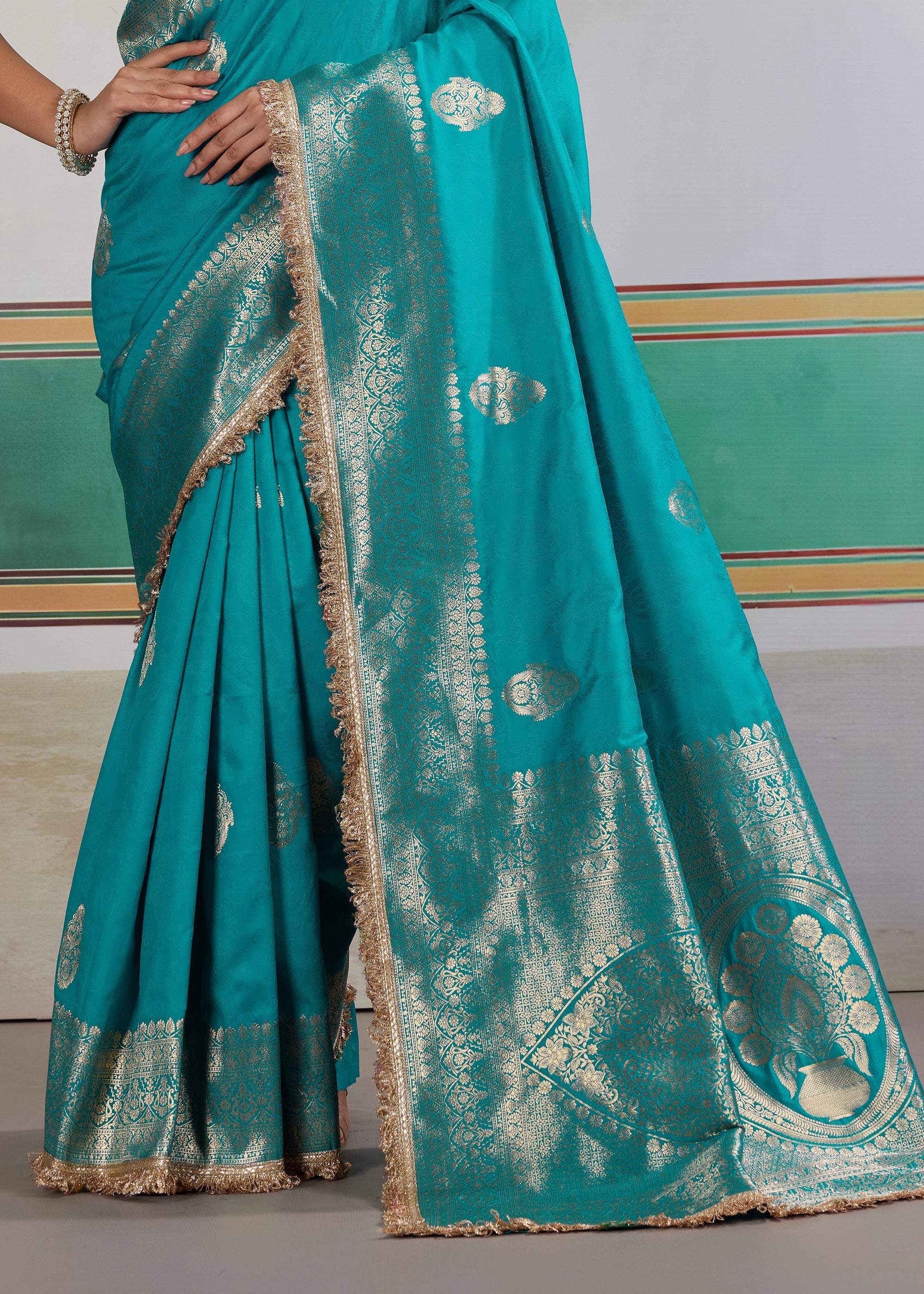 Buy MySilkLove Cyan Bue Woven Banarasi Satin Silk Saree Online